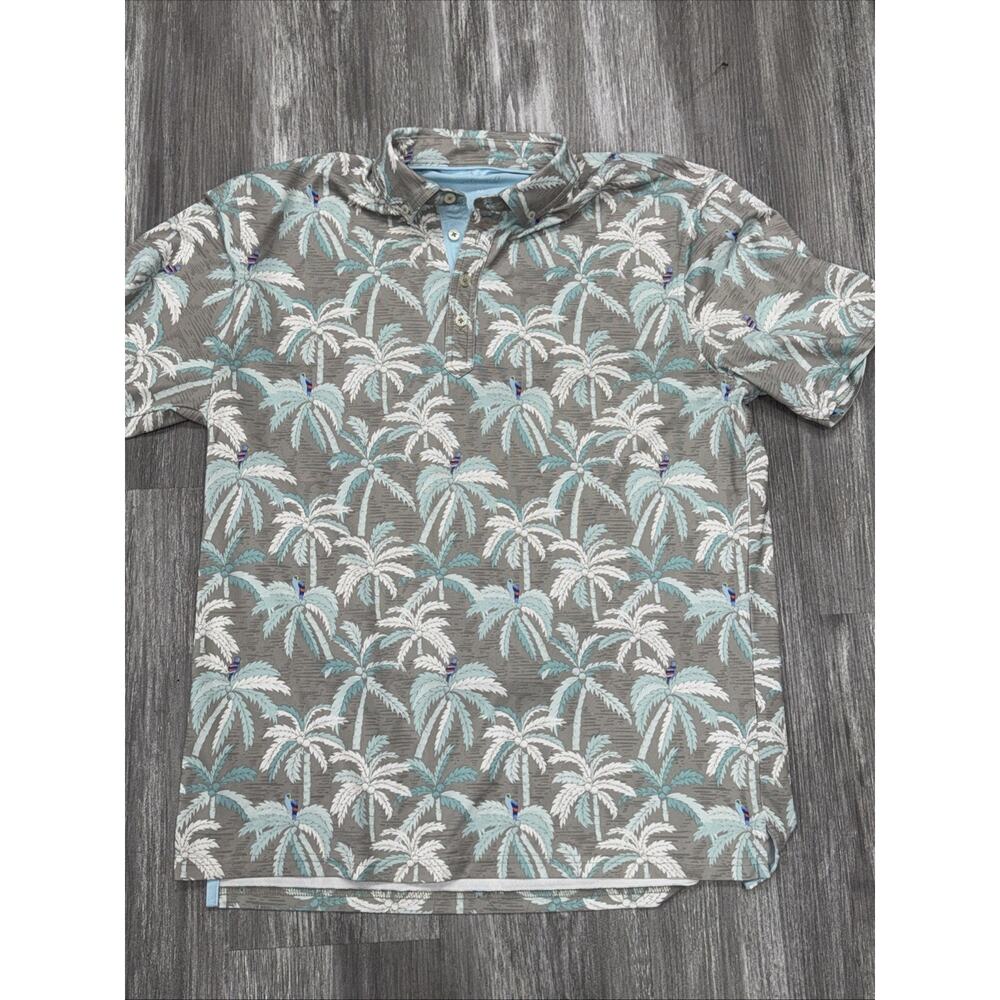 Johnnie-O Polo Shirt Mens Medium Gray Palm Parrot Golf Stretch Short Sleeve